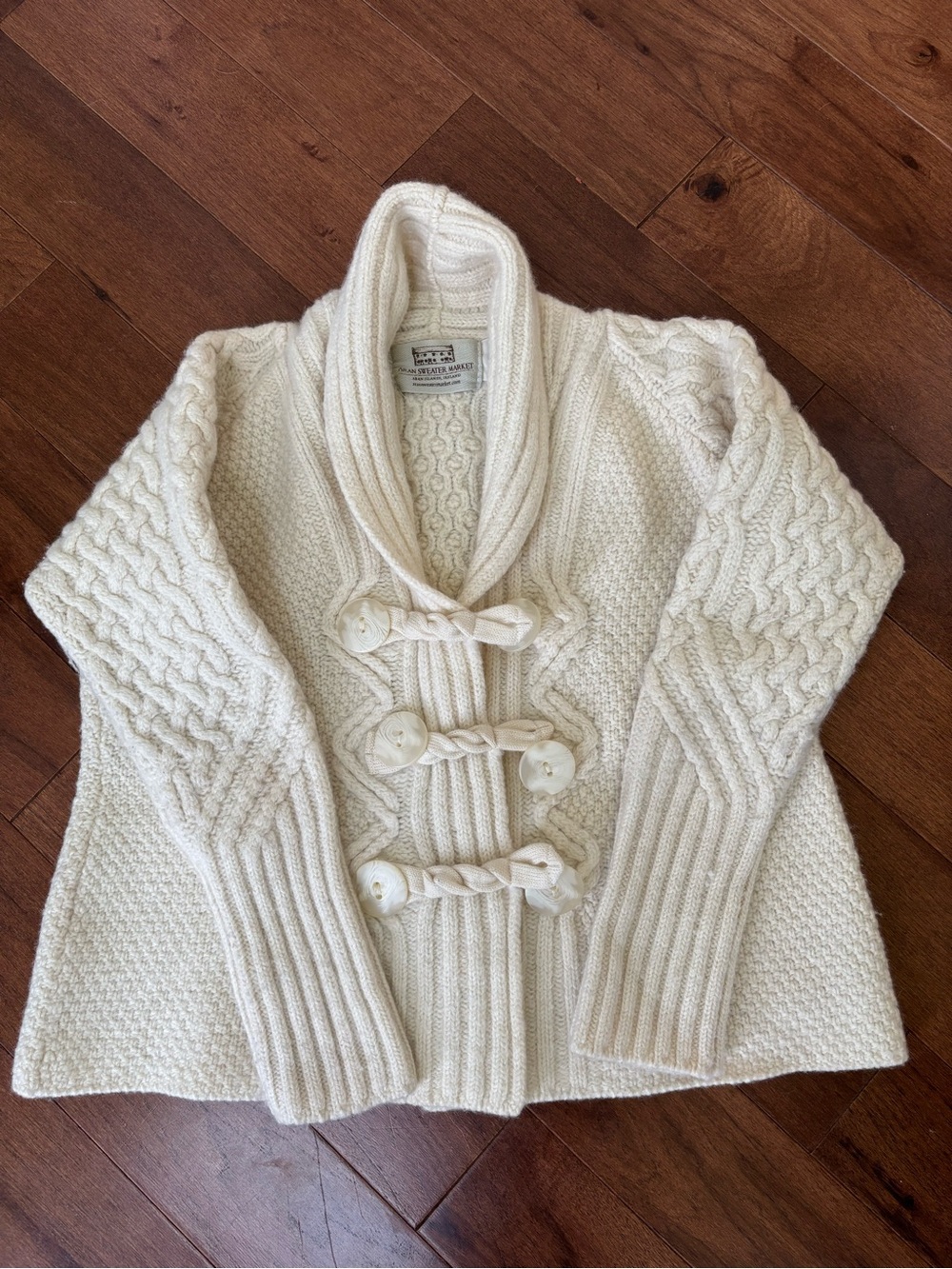 Aran Sweater Market Cream Cable Knit Shawl Collar Toggle Sweater